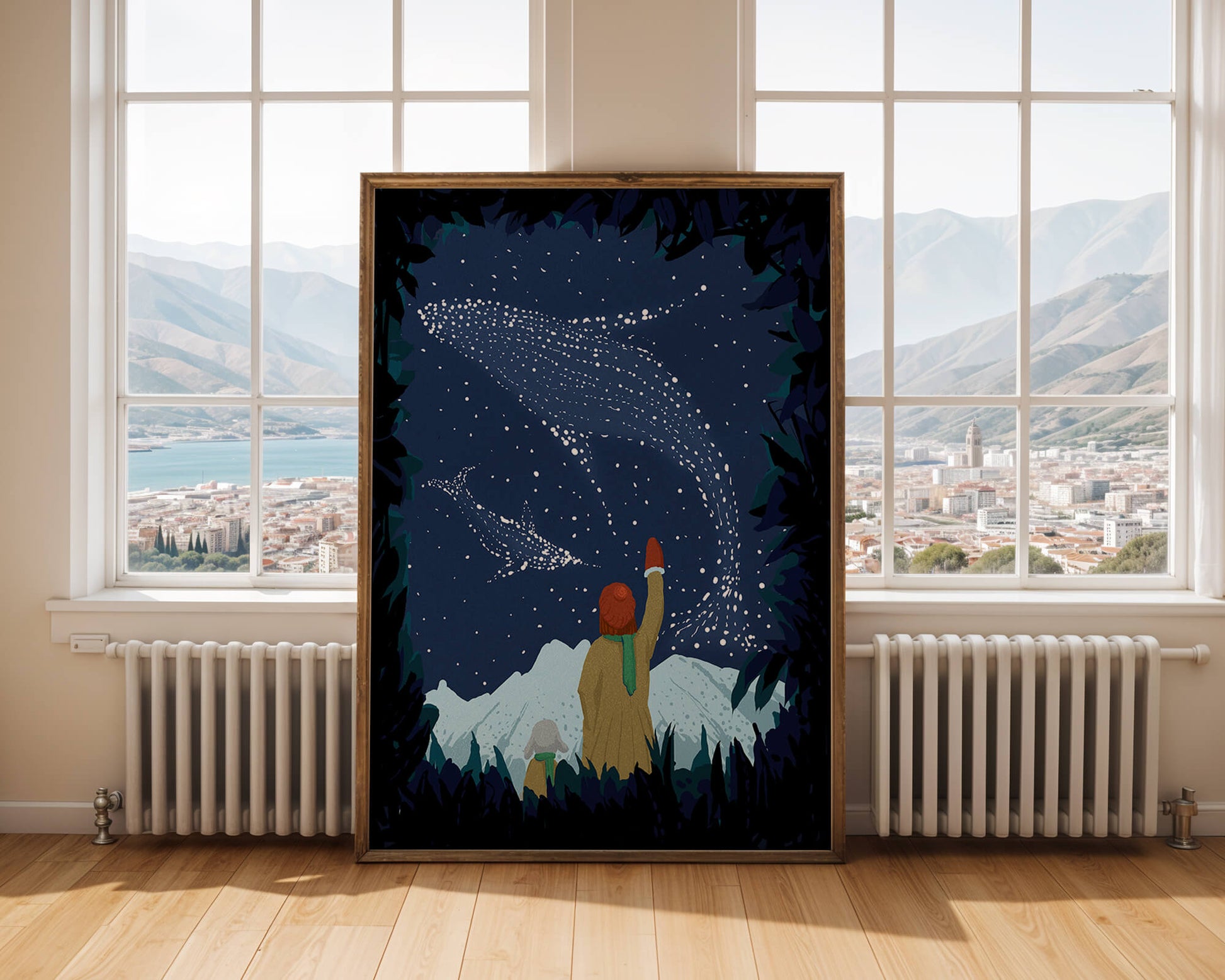 Starry night with whale constellations and mountain scenery