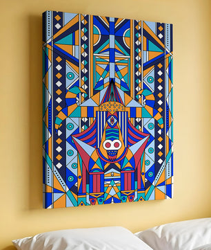 Arte tribal abstracto geométrico con patrones simétricos en azul y naranja