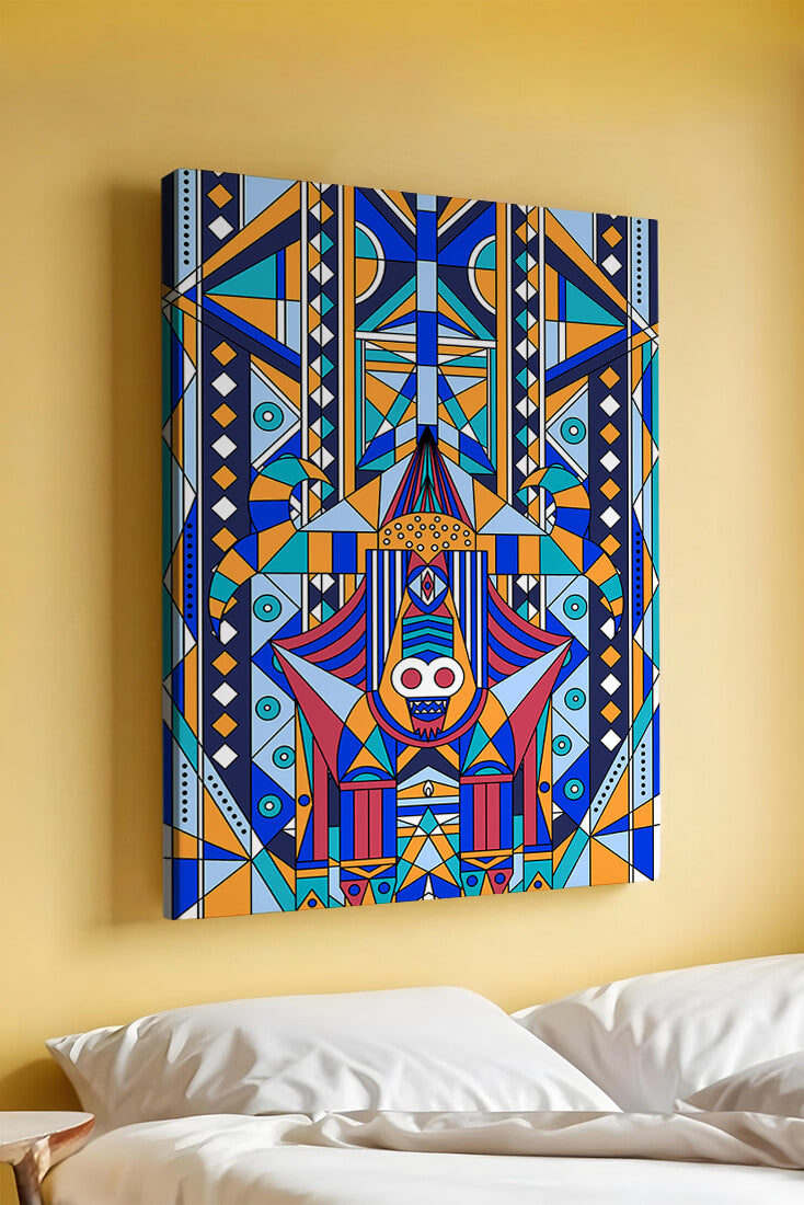 Arte tribal abstracto geométrico con patrones simétricos en azul y naranja