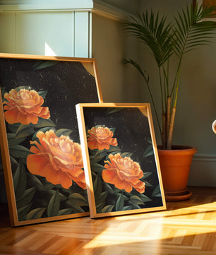 Fantasía floral elegante con flores naranjas vibrantes y un brillo dorado