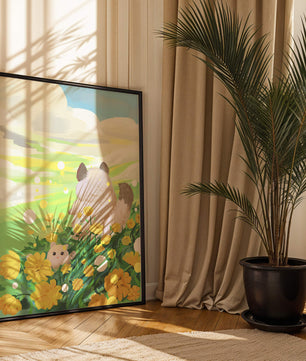 Whimsical Scene of Fluffy Cat and Kitten Among Yellow Flowers