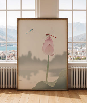 Dragonflies on a Lotus Bud with Serene Landscape