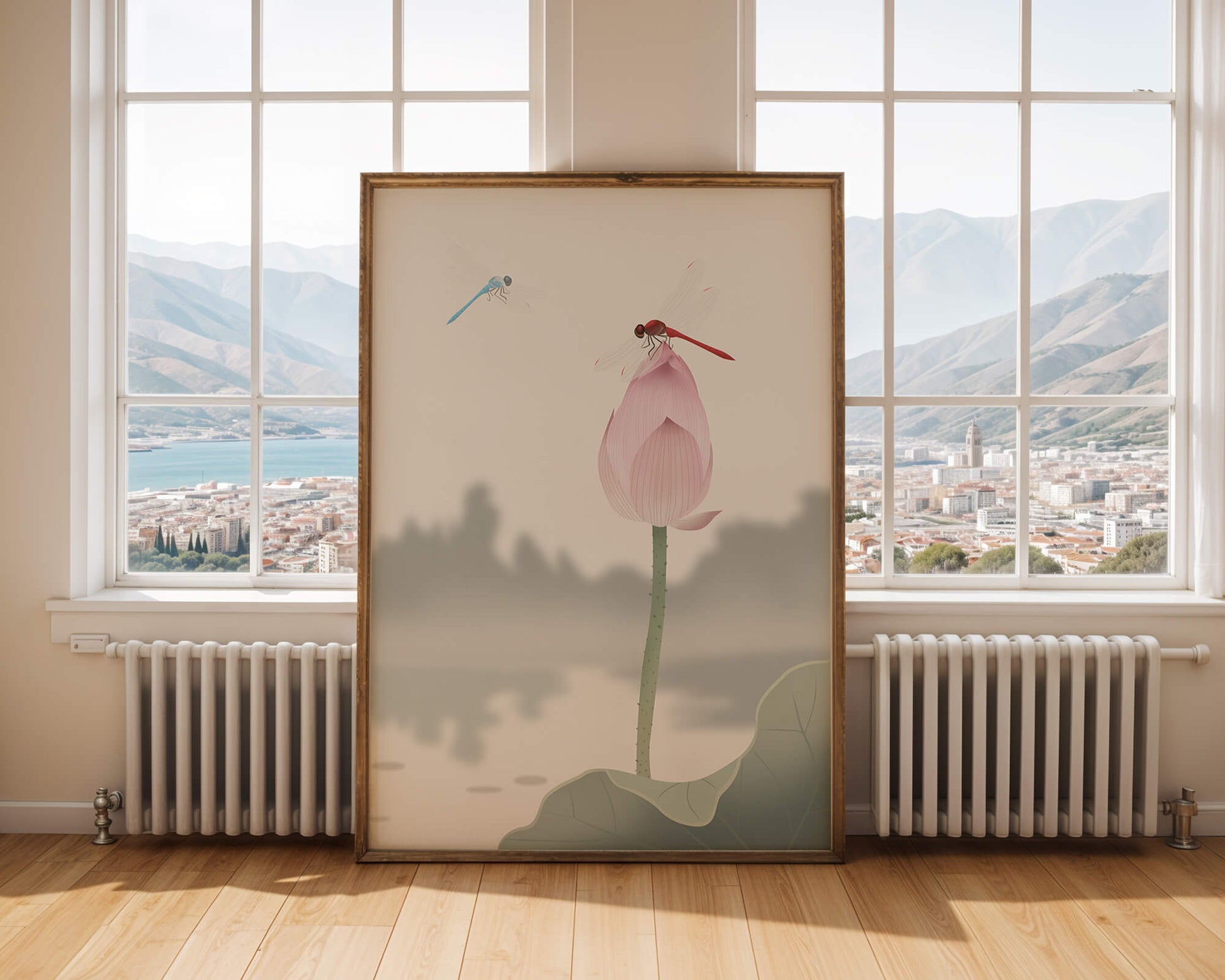 Libélulas sobre un capullo de loto con paisaje sereno