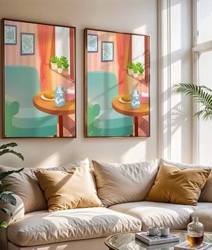 Sala de estar acogedora con mesa y cartón de leche