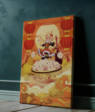 Charming festive fantasy illustration featuring lanterns and playful characters