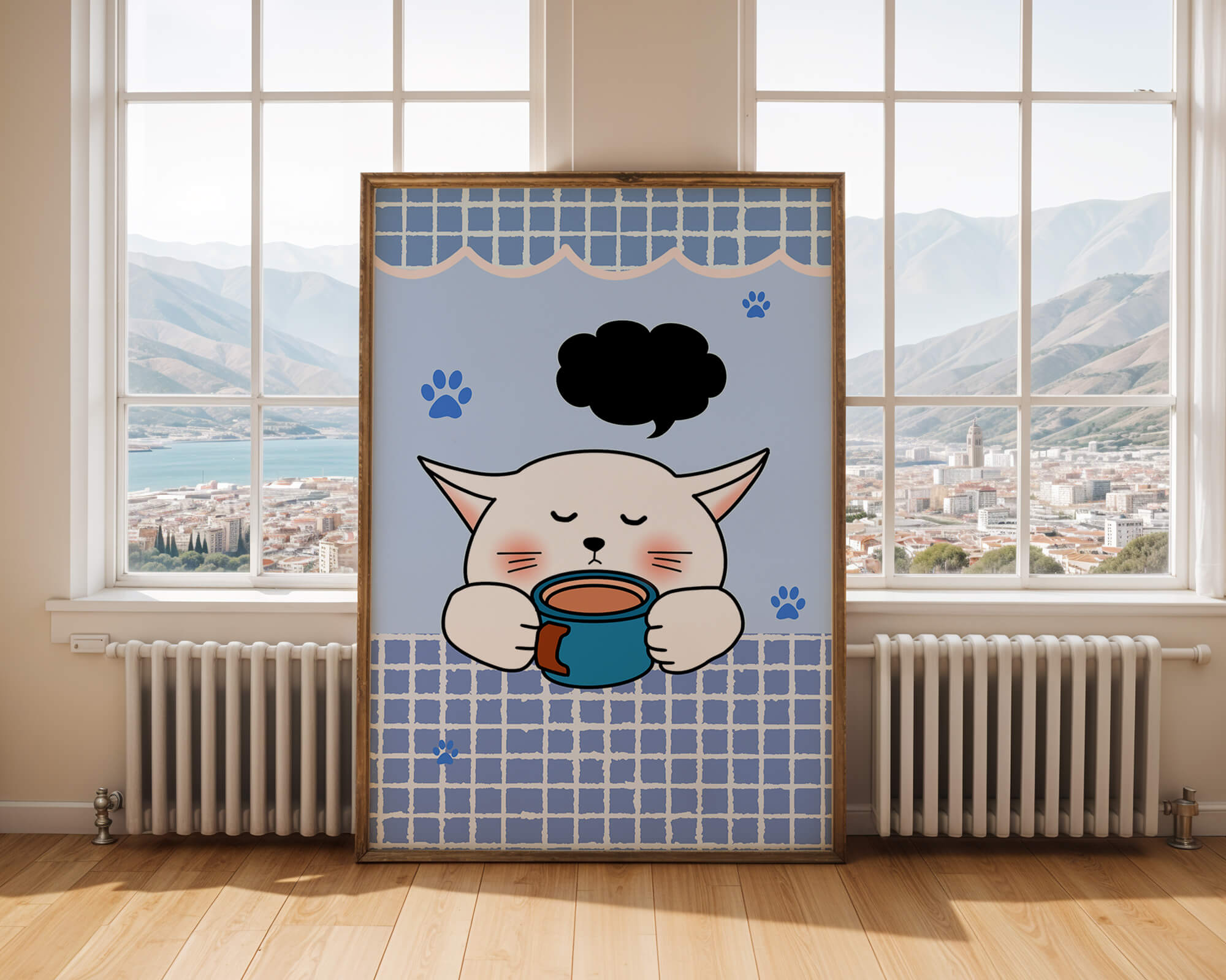 Cute cartoon cat with mug and speech bubble on blue background