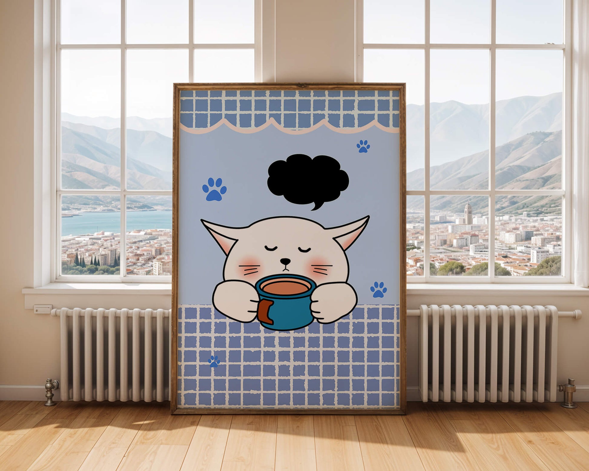 Cute cartoon cat with mug and speech bubble on blue background