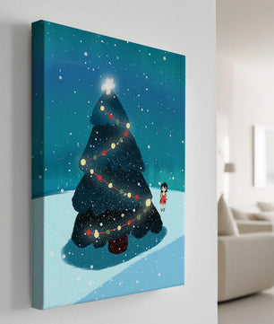 Winter scene with decorated Christmas tree and snowfall
