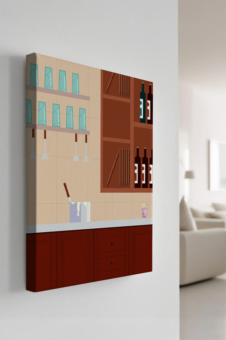 Modern kitchen interior with wooden cabinets and glass shelves