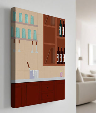 Interior de cocina moderna con gabinetes de madera y estantes de vidrio
