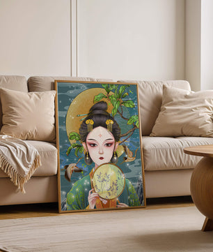 Elegante representación de una mujer con atuendo tradicional sosteniendo un abanico decorativo
