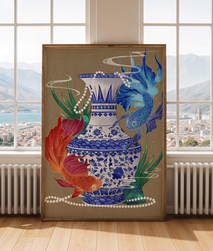 Jarrón de cerámica elegante con diseño de peces vibrantes y flores