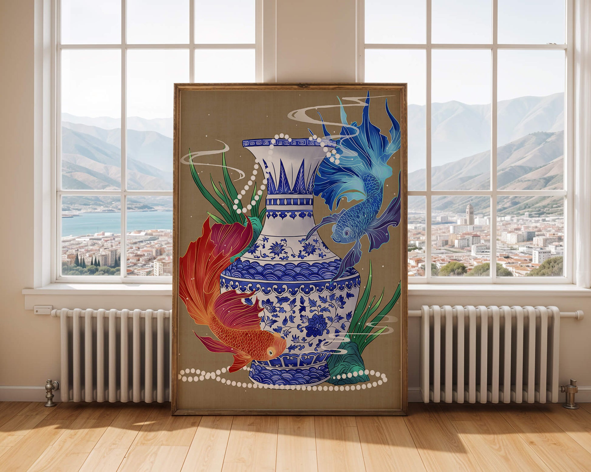 Elegant ceramic vase with vibrant fish and floral design