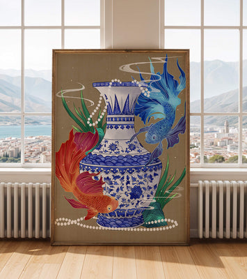 Elegant ceramic vase with vibrant fish and floral design
