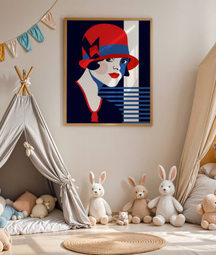 Femme élégante de style art déco avec chapeau cloche rouge et motifs géométriques