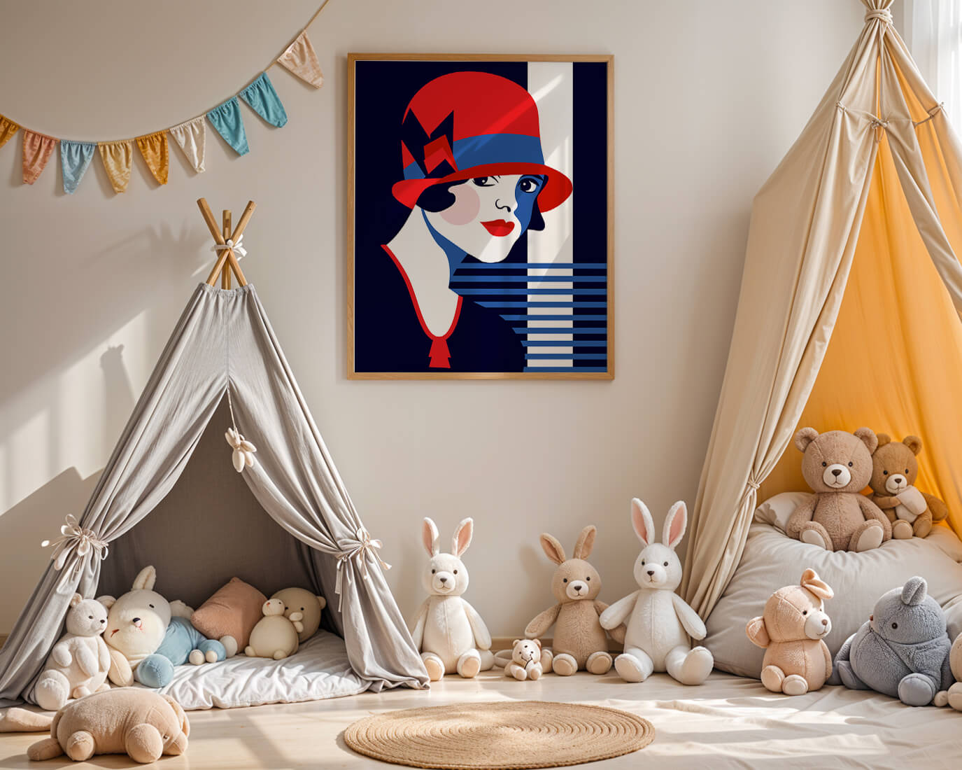 Elegante mujer de estilo art déco con sombrero cloche rojo y patrones geométricos.