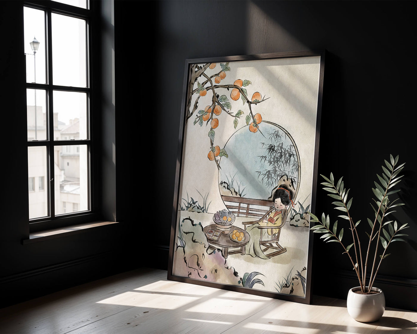 Tranquil garden scene with persimmons and serene figure