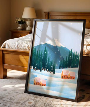 Winter Mountain Landscape with Snowy Cabins and Forest - Mi tienda