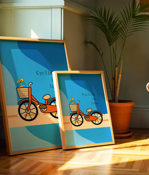 Bicicleta colorida con un regalo en la cesta sobre fondo azul