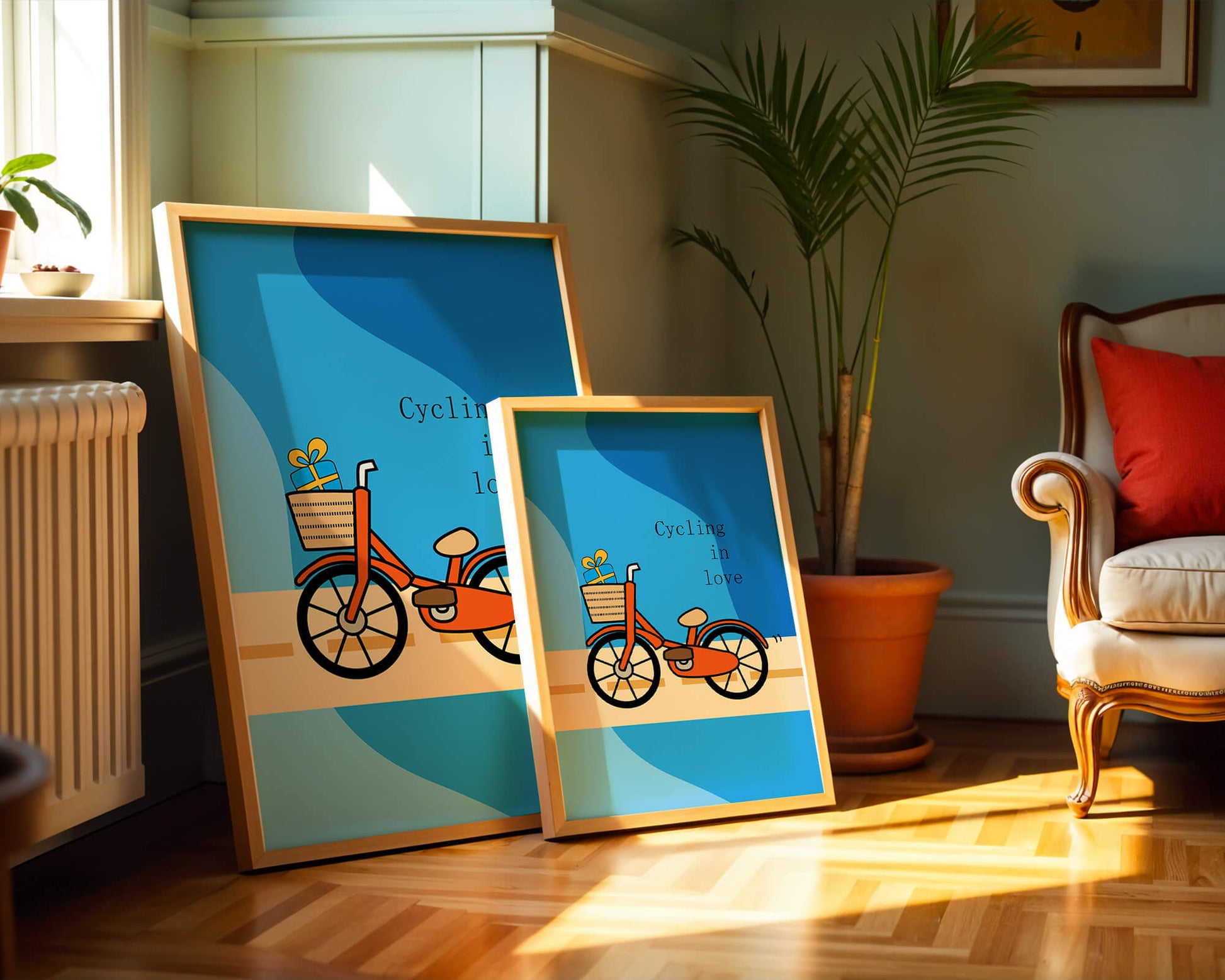 Colorful bicycle with a gift in basket against blue background
