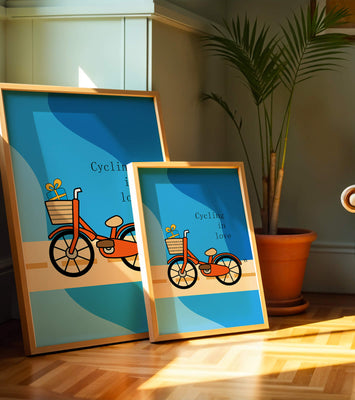 Colorful bicycle with a gift in basket against blue background