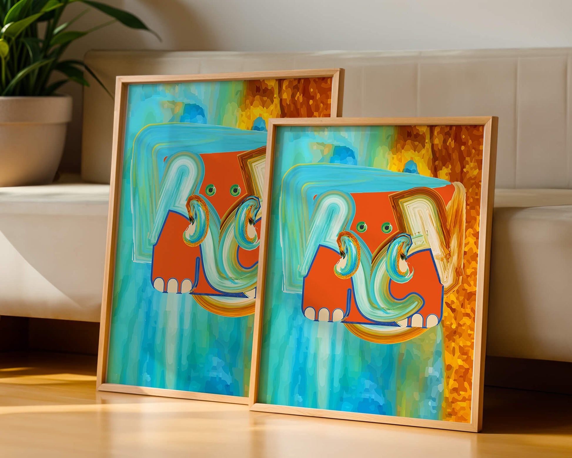 Pintura abstracta colorida de un elefante con tonos vibrantes y pinceladas artísticas.