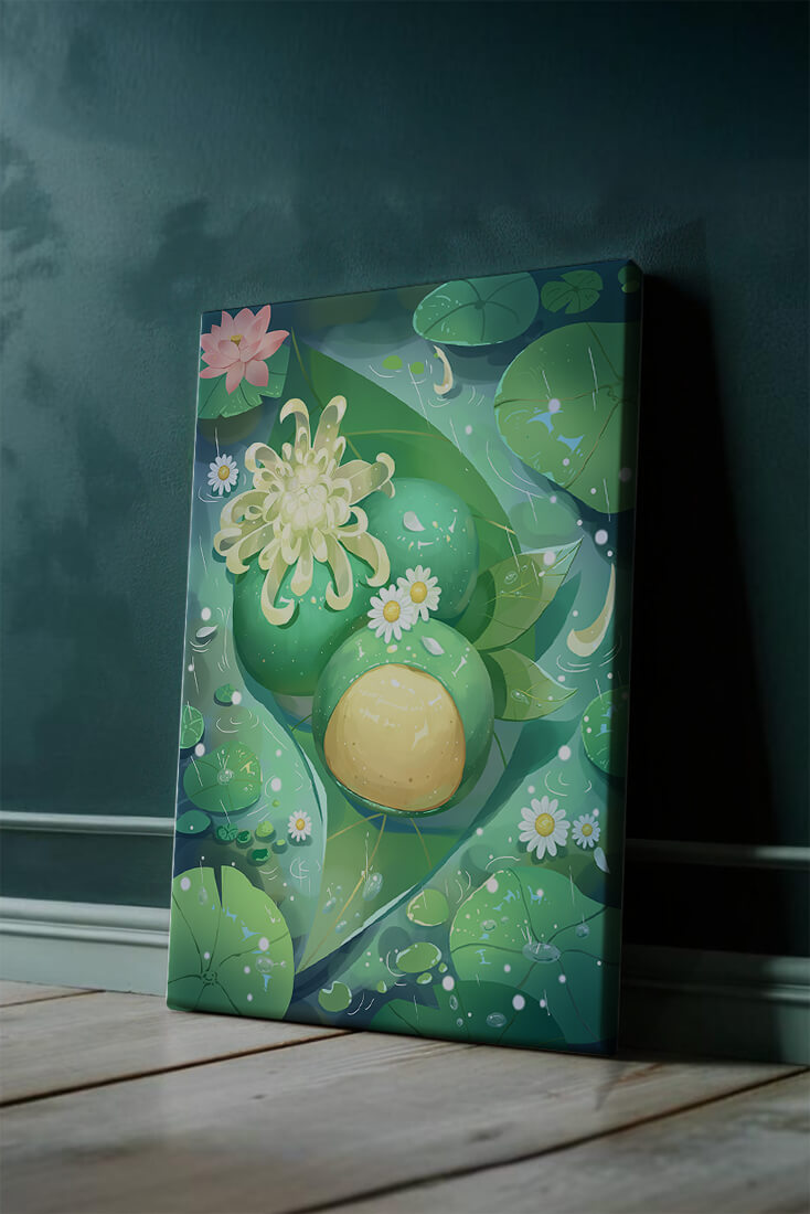 Lush aquatic scene with lotus flowers and green leaves