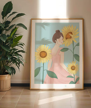 Ilustración de una mujer en un vestido rosa con girasoles