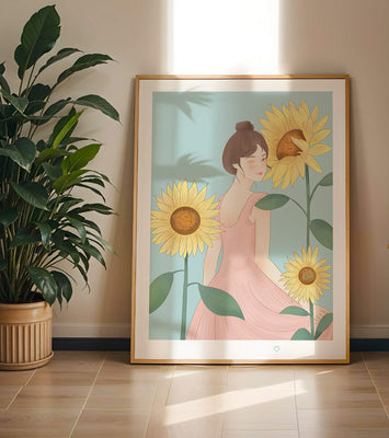 Illustration of a woman in a pink dress with sunflowers