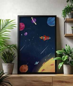 Farbenfrohes Weltraumabenteuer mit Planeten und Raketenillustration