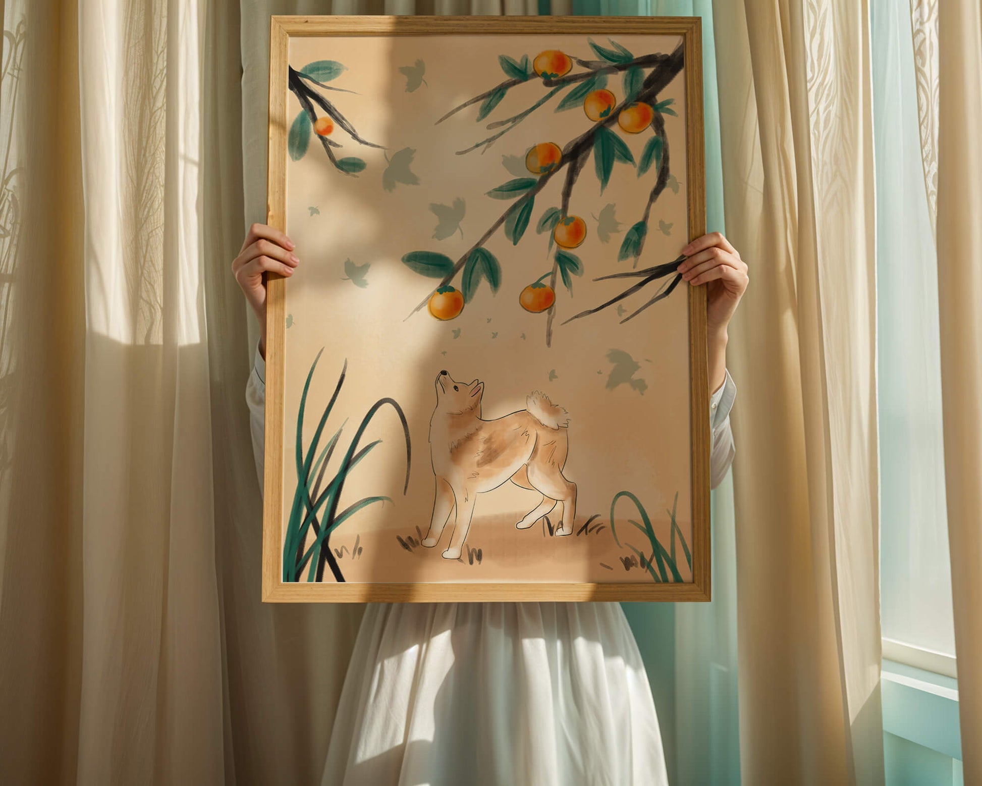 Illustration of a dog gazing at fruit-laden tree branches in nature