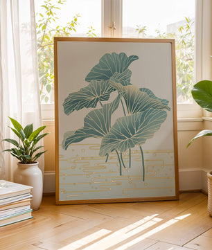 Elegant botanical illustration featuring large leaves with golden accents