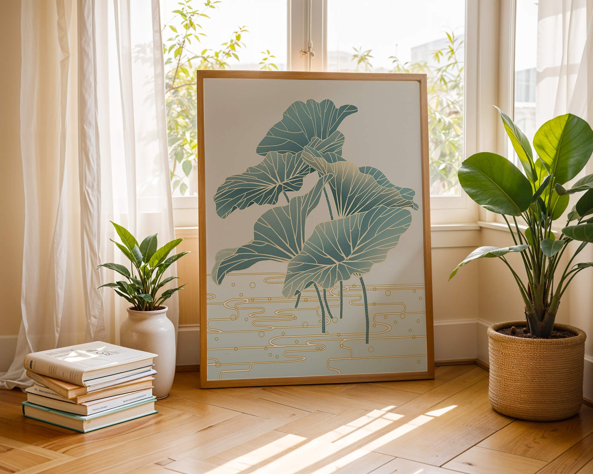Elegant botanical illustration featuring large leaves with golden accents