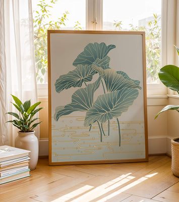 Elegant botanical illustration featuring large leaves with golden accents