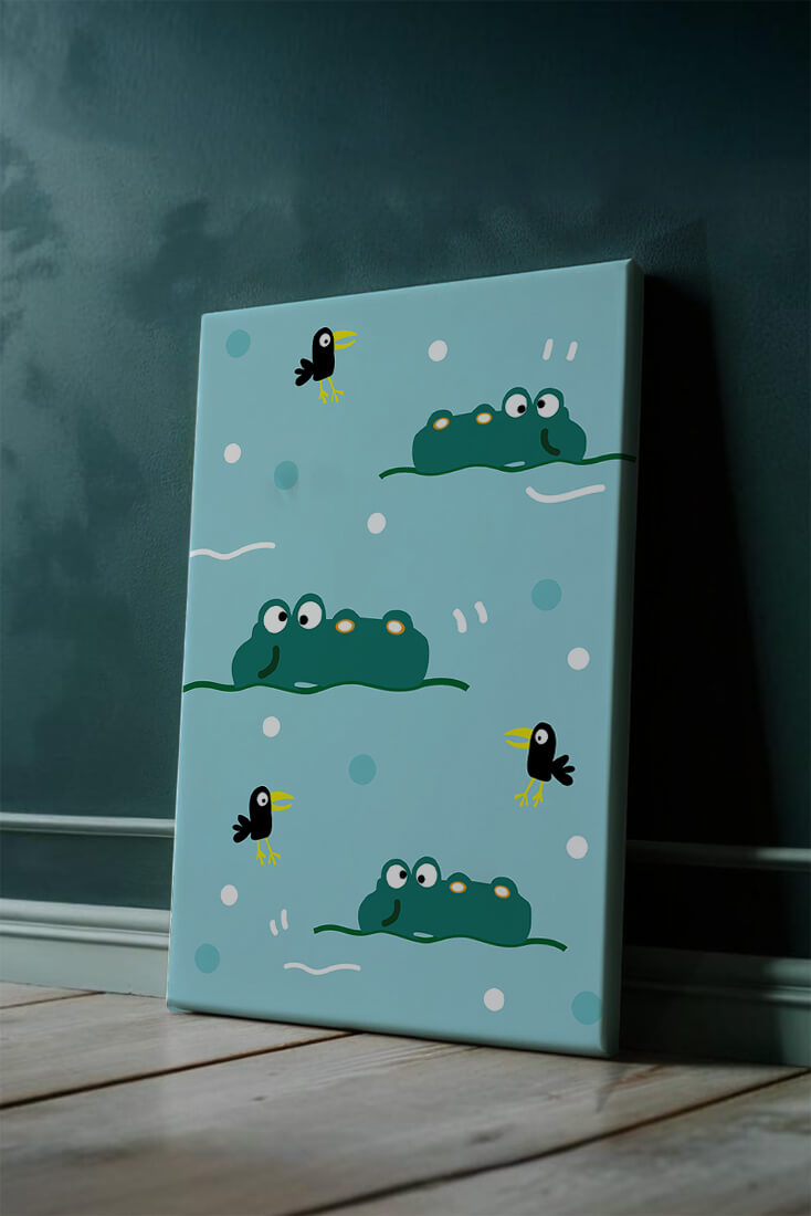 Playful cartoon crocodiles and birds on blue patterned background