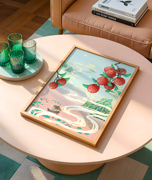 Idyllic Landscape with Lush Lychee Branches and Serene Waterscape