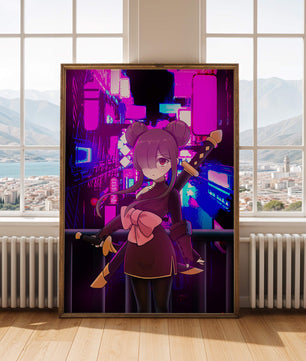 Personaje de anime con espadas y fondo de paisaje urbano neón