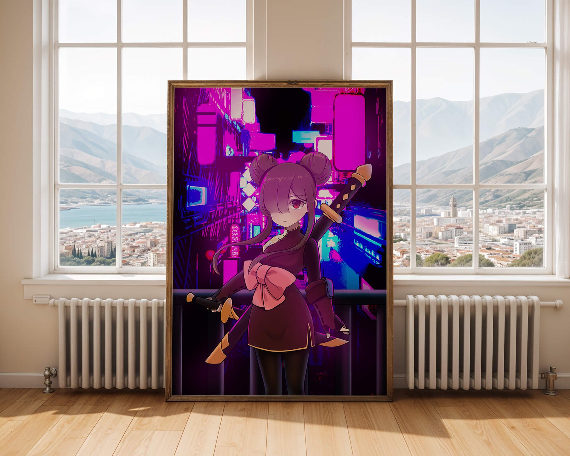 Anime Character with Swords and Neon Cityscape Background