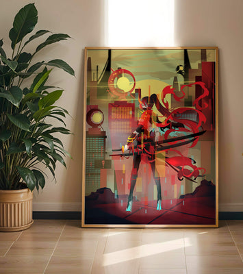 Futuristic warrior in a cyberpunk cityscape with swords and red accents