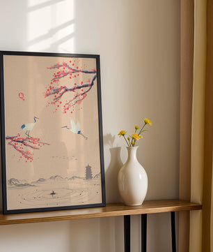 Paysage asiatique élégant avec des grues et des branches de cerisier en fleurs