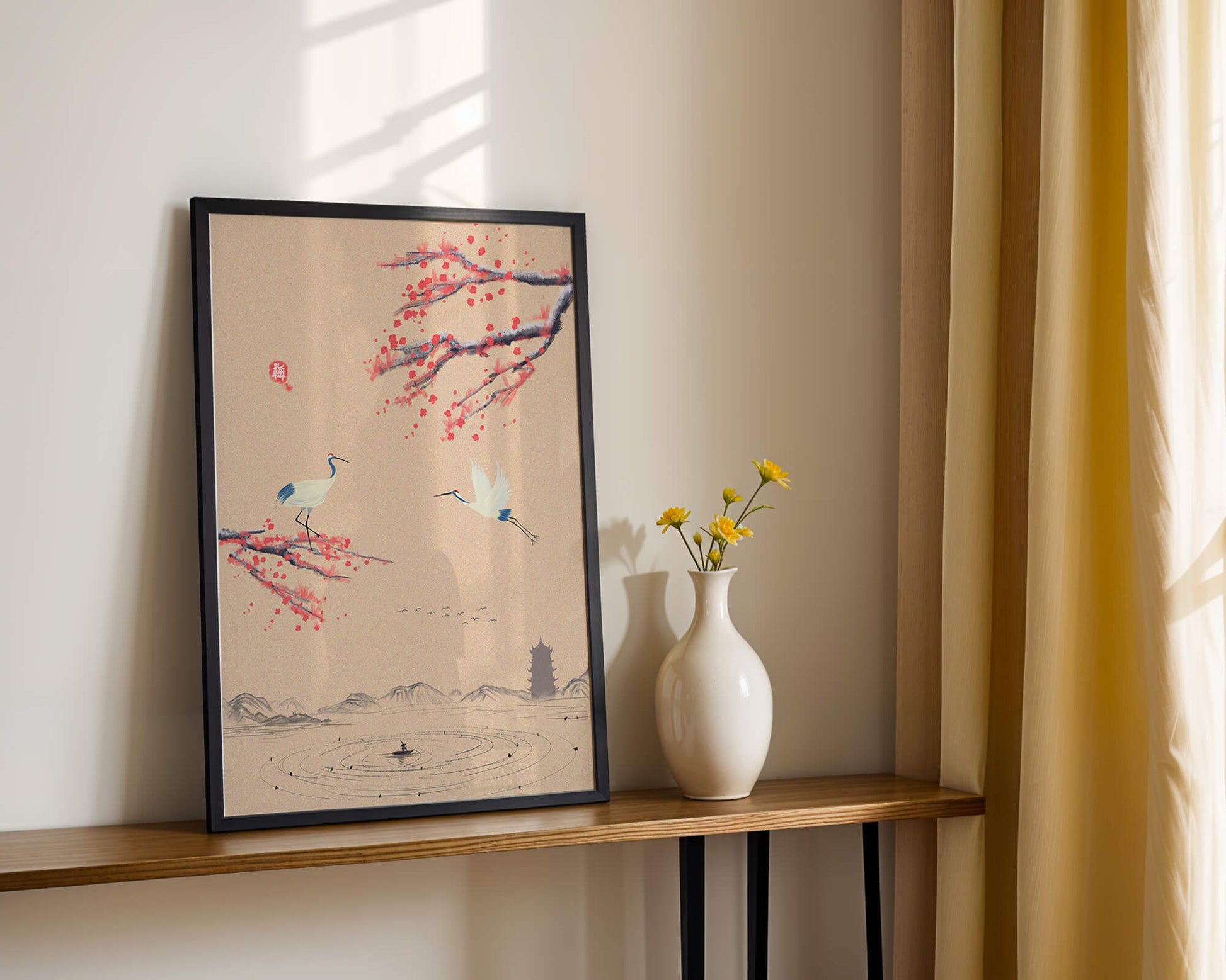 Elegant Asian landscape with cranes and cherry blossom branches