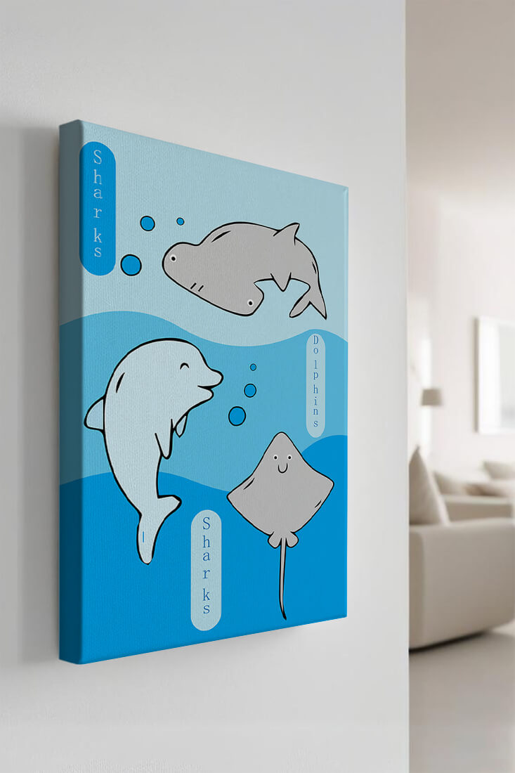 Cartoon sea animals illustration with shark, dolphin, and stingray