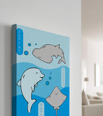 Cartoon sea animals illustration with shark, dolphin, and stingray