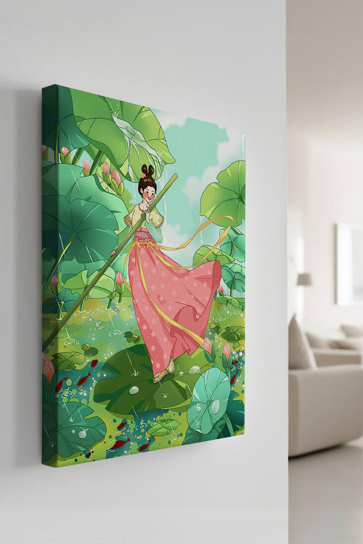 A whimsical scene of a girl in traditional dress among vibrant lotus leaves