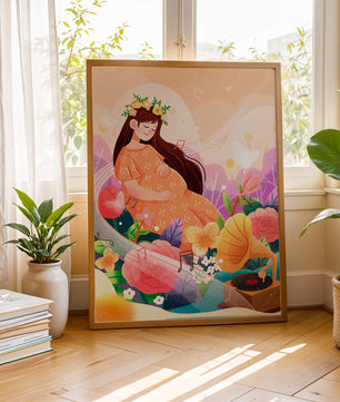 Femme dans la nature avec des fleurs et des notes de musique