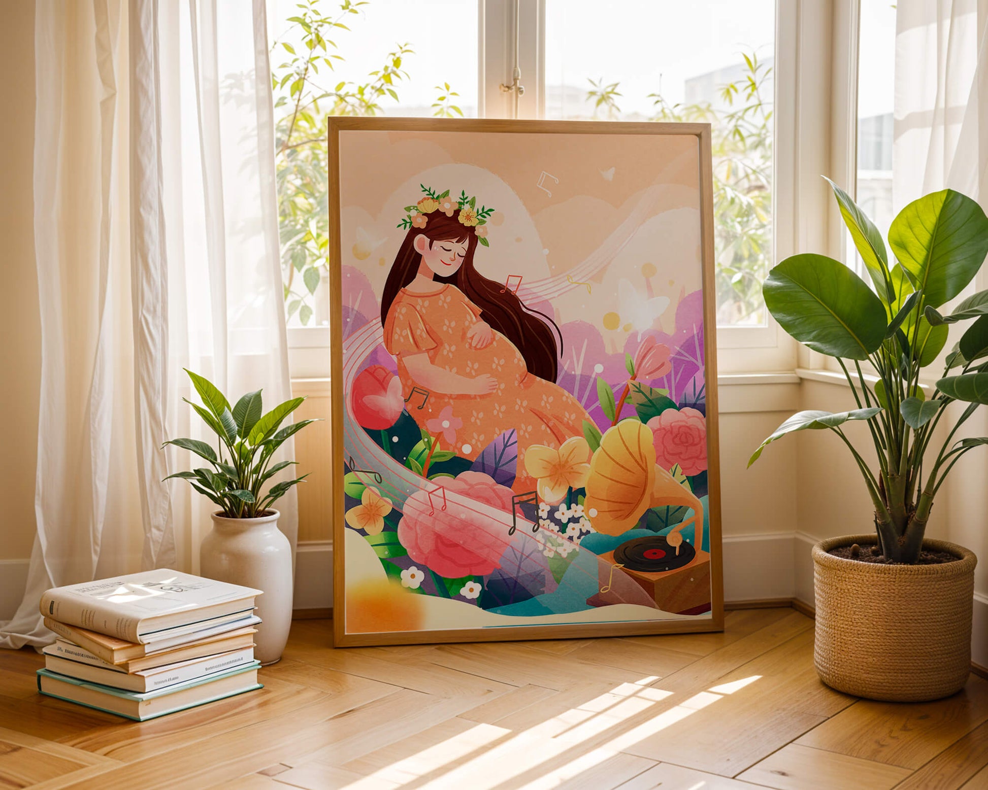 Woman in nature with flowers and musical notes