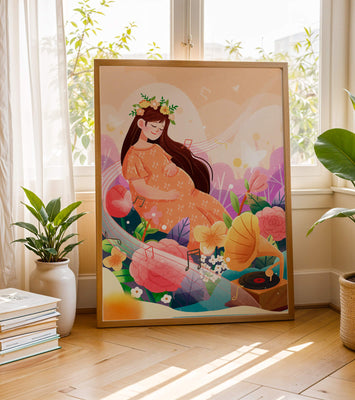 Woman in nature with flowers and musical notes