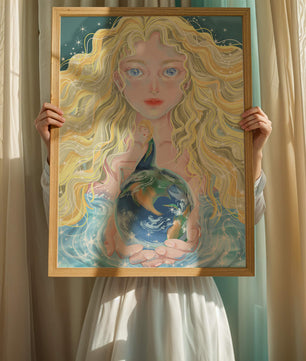 Fantasy artwork of woman holding earth with shimmering details