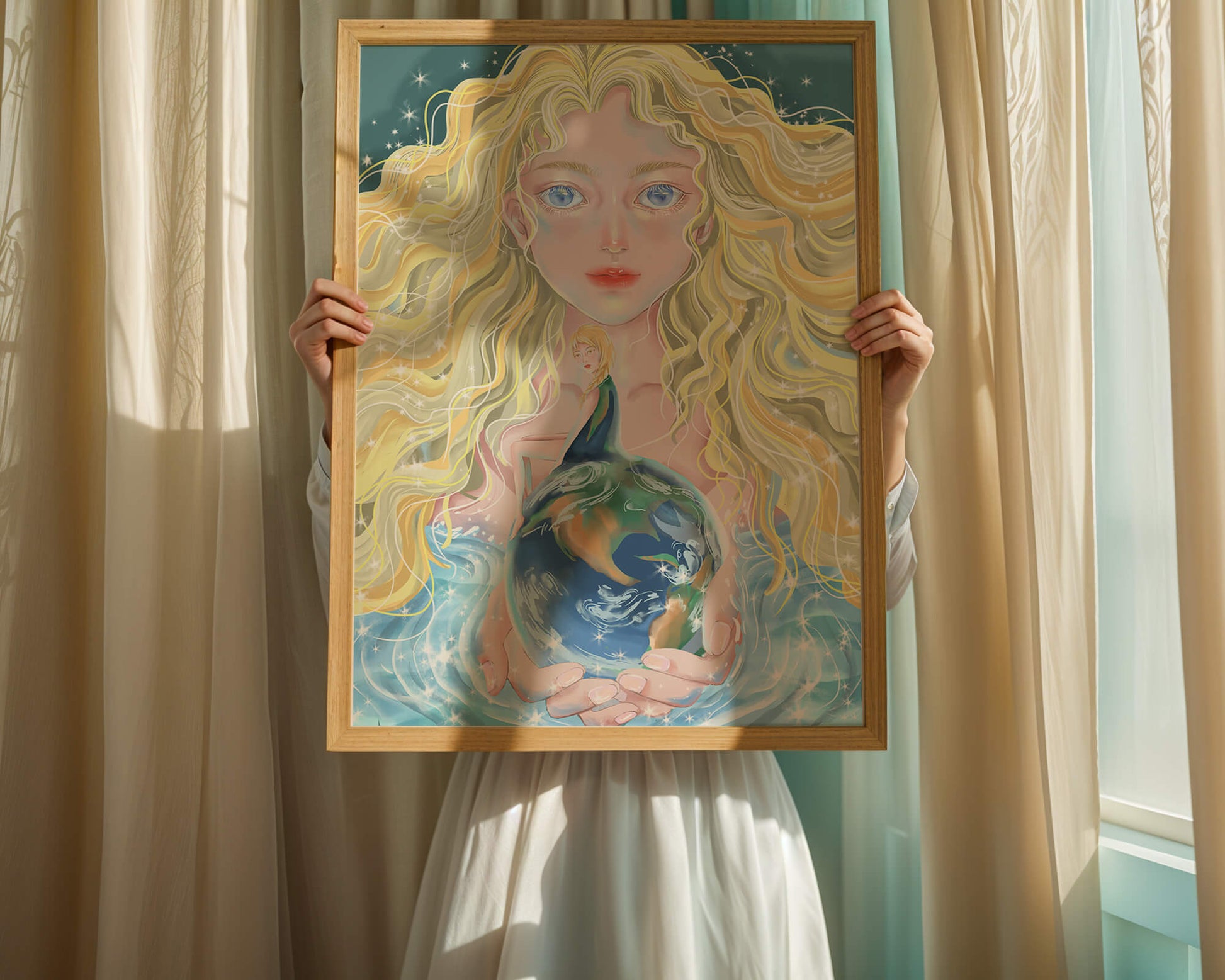 Fantasy artwork of woman holding earth with shimmering details