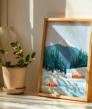 Winter Mountain Landscape with Snowy Cabins and Forest - Mi tienda